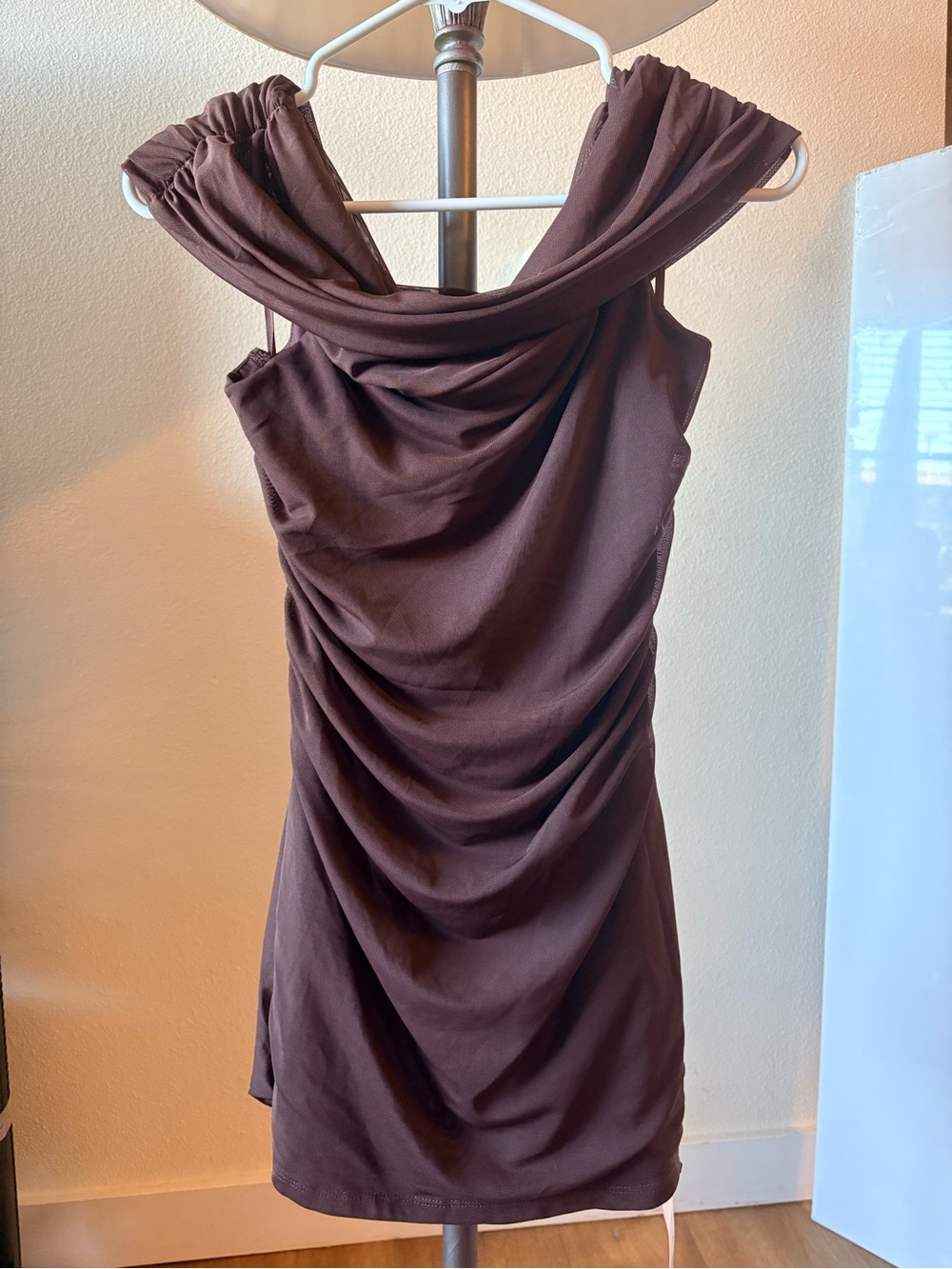 Missguided Brown Ruched Off-the-Shoulder Mesh Mini Dress